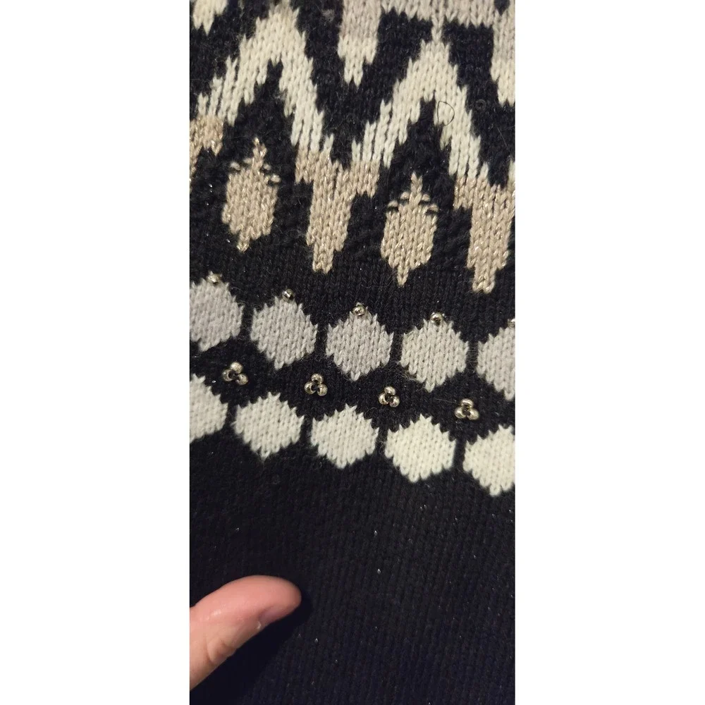 J. Jill Womens Large Tall Black Fair Isle Metallic Beaded Knit Pullover Sweater